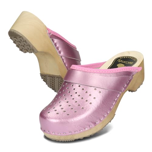 BeComfy Damen Clogs Holzschuhe mit Holzsohle Echtleder Holzclogs Metallic Gold Silber Rosa 35 36 37 38 39 40 41 EU (Fuchsia, EU Schuhgrößensystem, Erwachsene, Numerisch, Breit, 40) von BeComfy