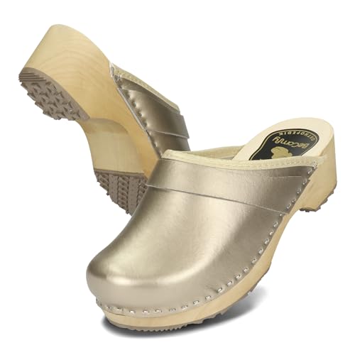 BeComfy Damen Clogs Holzschuhe mit Holzsohle Echtleder Holzclogs Metallic Gold Silber Rosa 35 36 37 38 39 40 41 EU (Gold, EU Schuhgrößensystem, Erwachsene, Numerisch, Breit, 38) von BeComfy