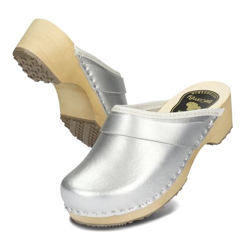 BeComfy Damen Clogs Holzschuhe mit Holzsohle Echtleder Holzclogs Metallic Gold Silber Rosa 35 36 37 38 39 40 41 EU (Silber, EU Schuhgrößensystem, Erwachsene, Numerisch, Breit, 35) von BeComfy