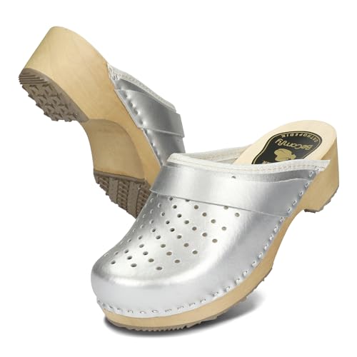 BeComfy Damen Clogs Holzschuhe mit Holzsohle Echtleder Holzclogs Metallic Gold Silber Rosa 35 36 37 38 39 40 41 EU (Stahl, EU Schuhgrößensystem, Erwachsene, Numerisch, Breit, 40) von BeComfy