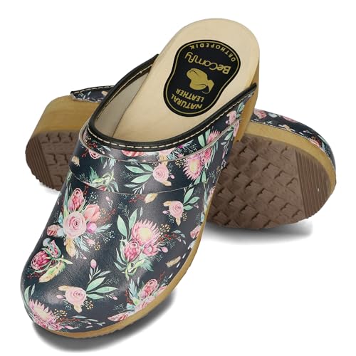 BeComfy Damen Leder Clogs Schuhe mit Holzsohle Echtleder Holzclogs Blumen Blau Weiß 35-41 EU (Schwarz Rosa, EU Schuhgrößensystem, Erwachsene, Numerisch, Breit, 37) von BeComfy