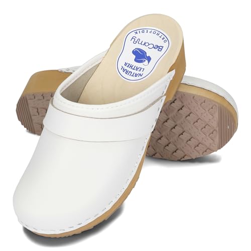 BeComfy Damen Holz Clogs Leder Clogs mit Holzsohle Echtleder Holzclogs Blumen Blau Weiß 35-41 EU/Weiß, 37 von BeComfy