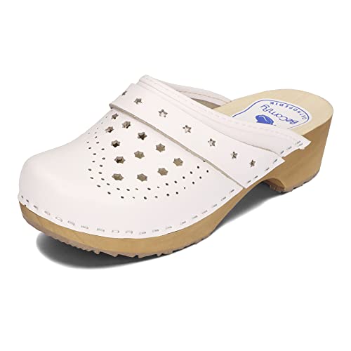 BeComfy Damen Clogs Holzschuhe mit Holzsohle Echtleder Holzclogs Sterne Bunte Blumen Blau Weiß 35 36 37 38 39 40 41 EU (Weiß Sterne, 40 EU) von BeComfy