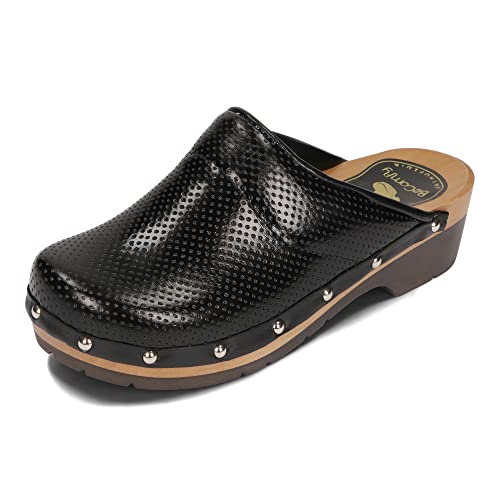 BeComfy Damen Clogs Holzschuhe mit Weich-Still Holzsohle Holzclogs Echtleder Perforiertes Leder Schwarz Blau 35 36 37 38 39 40 41 EU (Schwarz, 40 EU) von BeComfy