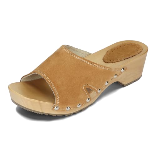 BeComfy Damen Clogs Leder Damen Holzclogs mit Absatz Wildleder Holzschuhe Clogs Veloursleder Leder Pantoletten 35-41 EU (Braun, EU Schuhgrößensystem, Erwachsene, Numerisch, M, 39) von BeComfy