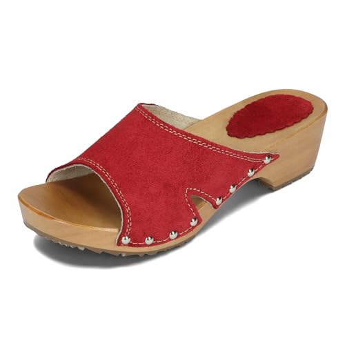 BeComfy Damen Clogs Leder Damen Holzclogs mit Absatz Wildleder Holzschuhe Clogs Veloursleder Leder Pantoletten 35-41 EU (Rot, EU Schuhgrößensystem, Erwachsene, Numerisch, M, 38) von BeComfy