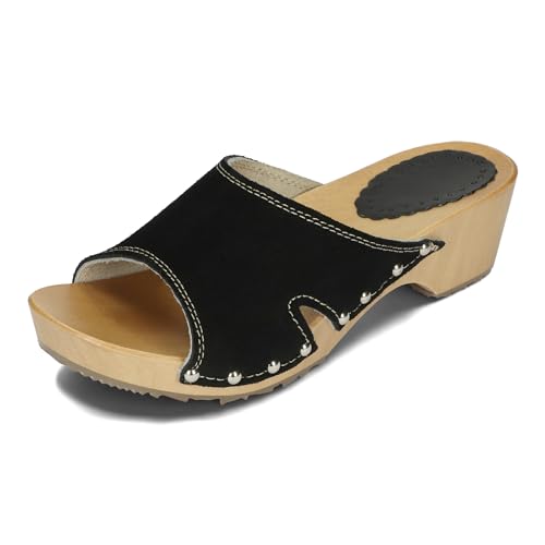 BeComfy Damen Clogs Leder Damen Holzclogs mit Absatz Wildleder Holzschuhe Clogs Veloursleder Leder Pantoletten 35-41 EU (Schwarz, EU Schuhgrößensystem, Erwachsene, Numerisch, M, 38) von BeComfy