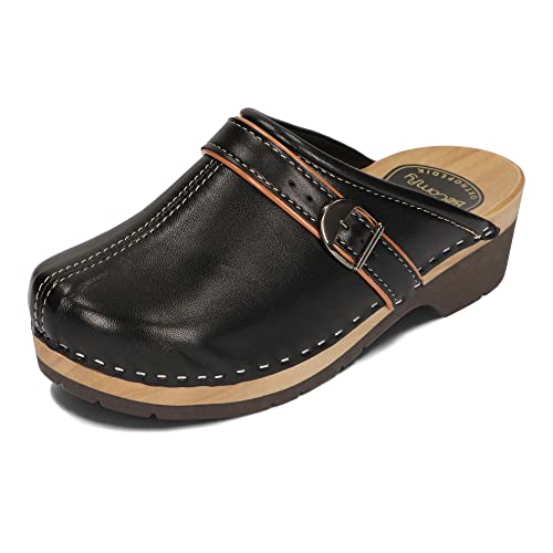 BeComfy Damen Clogs mit Schnalle Holzschuhe mit Weich-Still Holzsohle Holzclogs Echtleder Schwarz Blau 35 36 37 38 39 40 41 EU (Schwarz, EU Schuhgrößensystem, Erwachsene, Numerisch, M, 36) von BeComfy