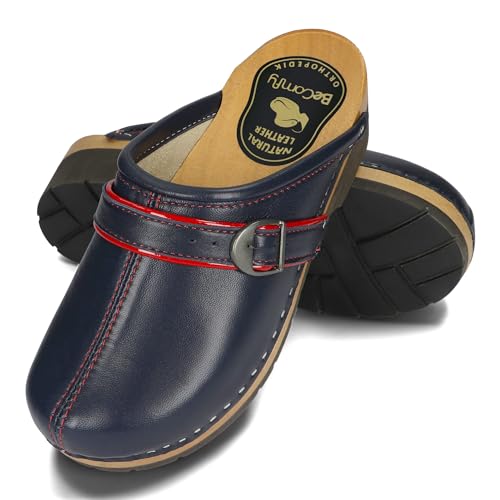 BeComfy Damen Clogs mit Schnalle Holzschuhe mit Weich-Still Holzsohle Holzclogs Echtleder Schwarz Blau 35 36 37 38 39 40 41 EU (Marineblau, EU Schuhgrößensystem, Erwachsene, Numerisch, M, 37) von BeComfy