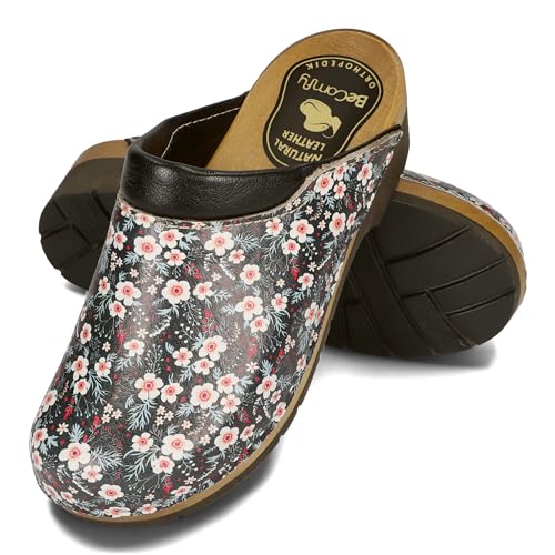 BeComfy Damen Clogs mit Schnalle Holzschuhe mit Weich-Still Holzsohle Holzclogs Echtleder Schwarz Blau 35 36 37 38 39 40 41 EU (Blumen, 40 EU) von BeComfy