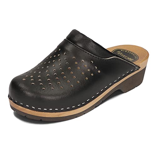 BeComfy Damen Clogs mit Schnalle Holzschuhe mit Weich-Still Holzsohle Holzclogs Echtleder Schwarz Blau 35 36 37 38 39 40 41 EU (Onyx, 38 EU) von BeComfy