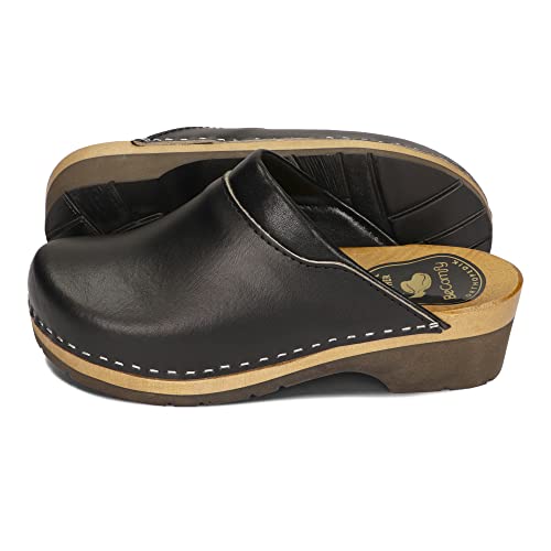 BeComfy Damen Clogs mit Schnalle Holzschuhe mit Weich-Still Holzsohle Holzclogs Echtleder Schwarz Blau 35 36 37 38 39 40 41 EU (Schwarz, 36 EU) von BeComfy