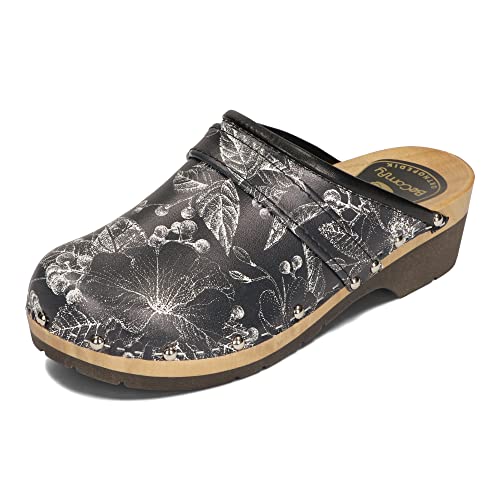 BeComfy Damen Clogs mit Schnalle Holzschuhe mit Weich-Still Holzsohle Holzclogs Echtleder Schwarz Blau 35 36 37 38 39 40 41 EU (Schwarz Blumen, 40 EU) von BeComfy