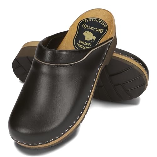 BeComfy Damen Clogs mit Schnalle Holzschuhe mit Weich-Still Holzsohle Holzclogs Echtleder Schwarz Blau 35 36 37 38 39 40 41 EU (Schwarz, 41 EU) von BeComfy
