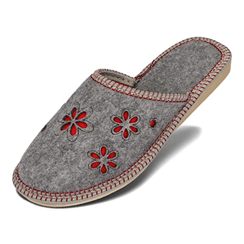 BeComfy Damen Pantoffeln Leichte Filz Hausschuhe mit Bestickten Blumen in Grau 36-41 EU (Rot-Grau, EU Schuhgrößensystem, Erwachsene, Numerisch, M, 41) von BeComfy