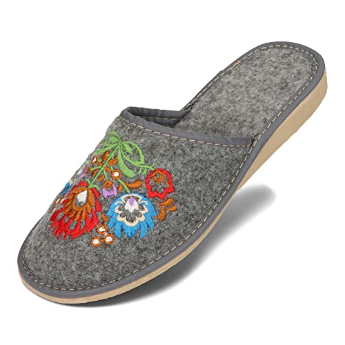 BeComfy Damen Pantoffeln Leichte Filz Hausschuhe mit Bestickten Blumen in Grau 36-41 EU (Grau Bunte Blumen, EU Schuhgrößensystem, Erwachsene, Numerisch, M, 39) von BeComfy