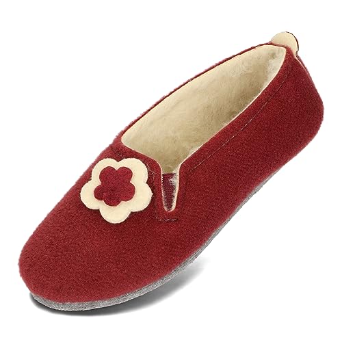 BeComfy Damen Filzhauschuhe Gefüttert mit Schafwolle Warme Pantoffeln mit Blume Filzsohle 36-42 EU (Burgunderrot, EU Schuhgrößensystem, Erwachsene, Numerisch, M, 42) von BeComfy