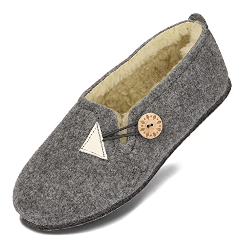 BeComfy Damen Filzhauschuhe Gefüttert mit Schafwolle Warme Pantoffeln mit Knopf Filzsohle 36-42 EU (Grau, EU Schuhgrößensystem, Erwachsene, Numerisch, M, 42) von BeComfy