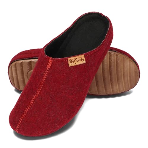 BeComfy Damen Filzpantoffeln mit Rutschfesten Sohle Hausschuh Filz Warme Pantoffeln Clogs Grau Schwarz 36-41 EU (Burgunderrot, eu_footwear_size_system, adult, numeric, medium, numeric_39) von BeComfy