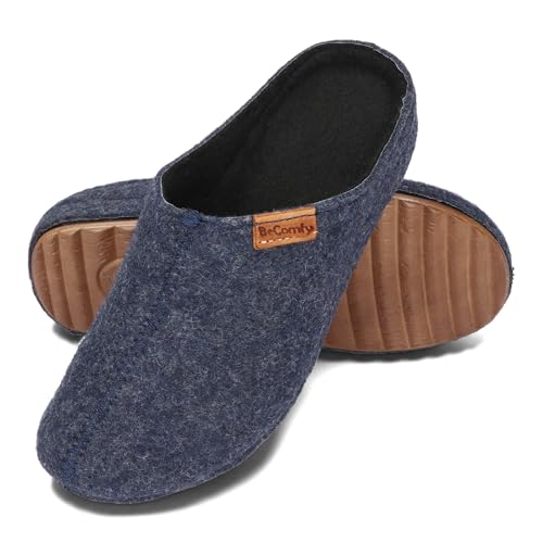 BeComfy Damen Filzpantoffeln mit Rutschfesten Sohle Hausschuh Filz Warme Pantoffeln Clogs Grau Schwarz 36-41 EU (Marineblau, eu_footwear_size_system, adult, numeric, medium, numeric_36) von BeComfy