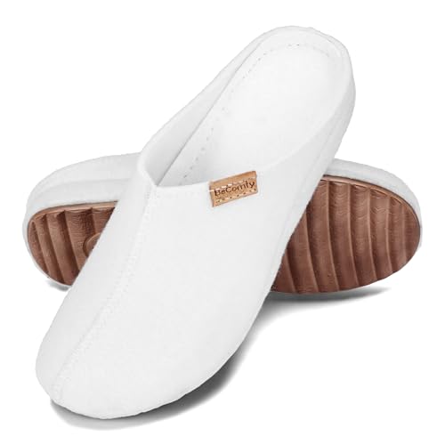 BeComfy Damen Filzpantoffeln mit Rutschfesten Sohle Hausschuh Filz Warme Pantoffeln Clogs Grau Schwarz 36-41 EU (Weiß, eu_footwear_size_system, adult, numeric, medium, numeric_40) von BeComfy