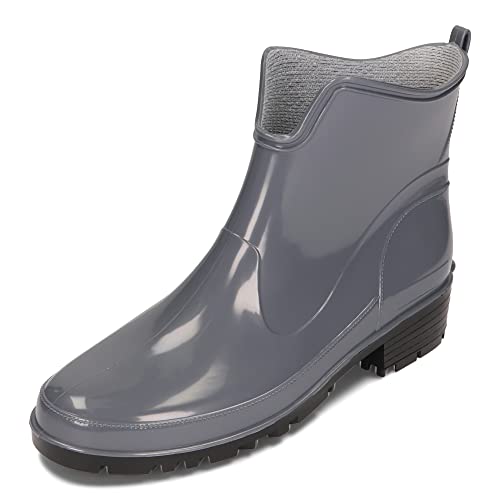 BeComfy Damen Gummistiefel PVC Knöchel Kurze Regenstiefel Outdoor Wasserdicht Schwarz Marineblau (Grau, numeric_40) von BeComfy