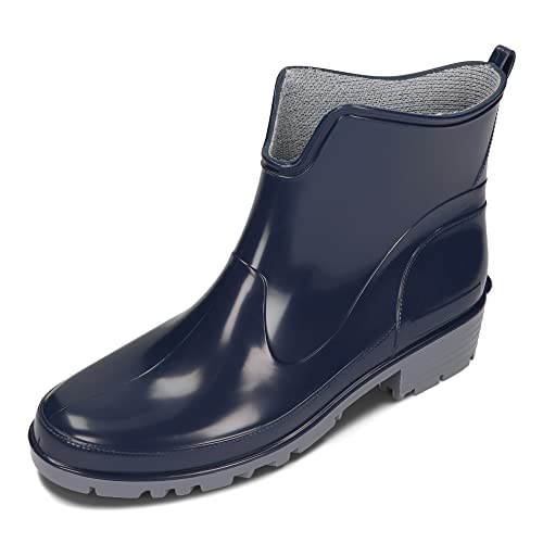 BeComfy Damen Gummistiefel PVC Knöchel Kurze Regenstiefel Outdoor Wasserdicht Schwarz Marineblau (Marineblau, numeric_41) von BeComfy