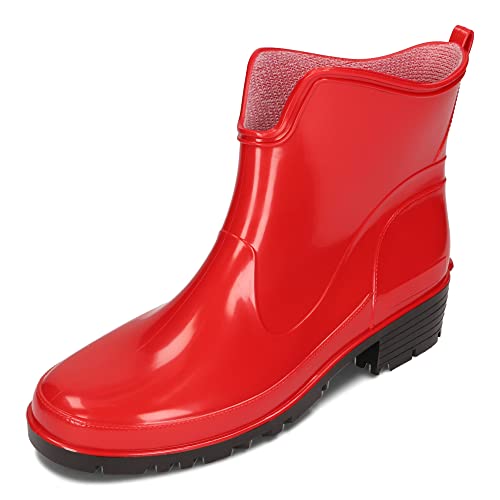 BeComfy Damen Gummistiefel PVC Knöchel Kurze Regenstiefel Outdoor Wasserdicht Schwarz Marineblau (Rot, numeric_36) von BeComfy