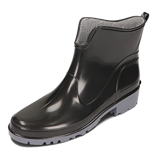 BeComfy Damen Gummistiefel PVC Knöchel Kurze Regenstiefel Outdoor Wasserdicht Schwarz Marineblau (Schwarz, numeric_36) von BeComfy