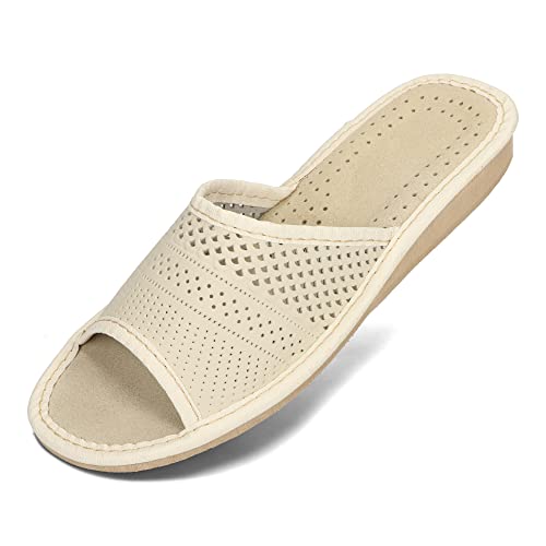 BeComfy Damen Leder Hausschuhe Pantoffeln Schwarz Rot Beige Sommer Pantoletten 36-41 EU (Creme, EU Schuhgrößensystem, Erwachsene, Numerisch, M, 41) von BeComfy