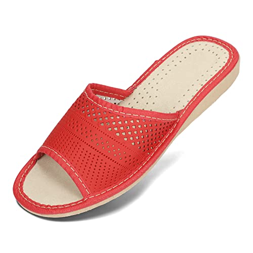 BeComfy Damen Leder Hausschuhe Pantoffeln Schwarz Rot Beige Sommer Pantoletten 36-41 EU (Rot, EU Schuhgrößensystem, Erwachsene, Numerisch, M, 41) von BeComfy