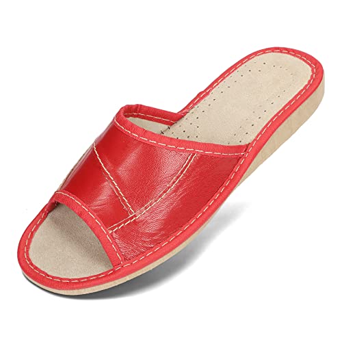 BeComfy Damen Leder Hausschuhe Pantoffeln Schwarz Rot Beige Sommer Pantoletten 36-41 EU (Kirsche, EU Schuhgrößensystem, Erwachsene, Numerisch, M, 38) von BeComfy
