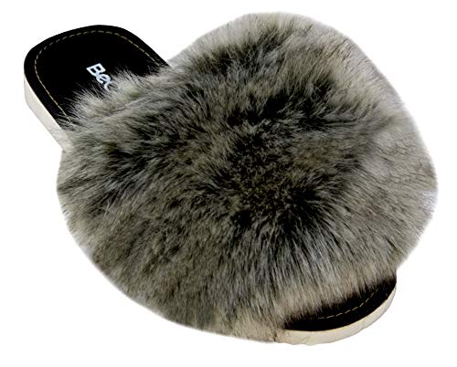 BeComfy Damen Hausschuhe mit Stylisch Pelz Frauen Plüsch Flip-Flops Innensohle aus Ökoleder I Viele Farben 36-41 EU (Grau, Numeric_39) von BeComfy