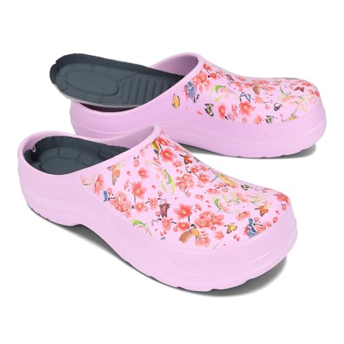 BeComfy Damen Herren Eva Clogs Bequeme Ultraleichte Gartenschuhe mit Moro- oder Blumendruck 36-46 EU (Flieder Blumen, EU Schuhgrößensystem, Erwachsene, Numerisch, M, 41) von BeComfy