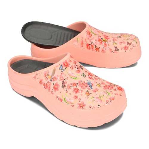 BeComfy Damen Herren Eva Clogs Bequeme Ultraleichte Gartenschuhe mit Moro- oder Blumendruck 36-46 EU (Pfirsich Blumen, EU Schuhgrößensystem, Erwachsene, Numerisch, M, 41) von BeComfy