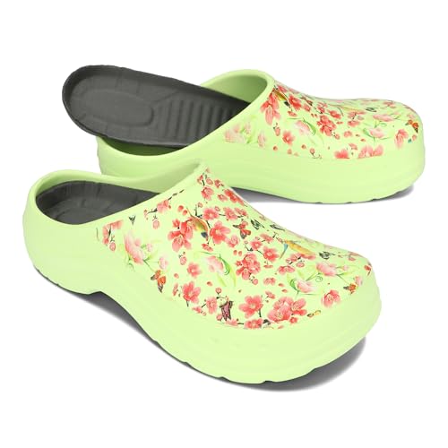 BeComfy Damen Herren Eva Clogs Bequeme Ultraleichte Gartenschuhe mit Moro- oder Blumendruck 36-46 EU (Pistazien Blumen, EU Schuhgrößensystem, Erwachsene, Numerisch, M, 36) von BeComfy