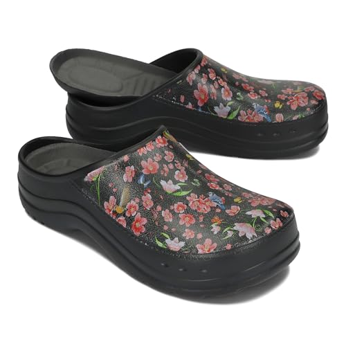 BeComfy Damen Herren Eva Clogs Bequeme Ultraleichte Gartenschuhe mit Moro- oder Blumendruck 36-46 EU (Schwarz Blumen, EU Schuhgrößensystem, Erwachsene, Numerisch, M, 39) von BeComfy
