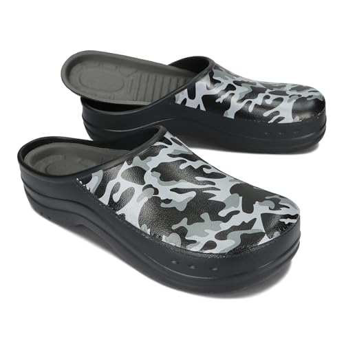 BeComfy Damen Herren Eva Clogs Bequeme Ultraleichte Gartenschuhe mit Moro- oder Blumendruck 36-46 EU (Schwarz Tarnmuster, EU Schuhgrößensystem, Erwachsene, Numerisch, M, 43) von BeComfy