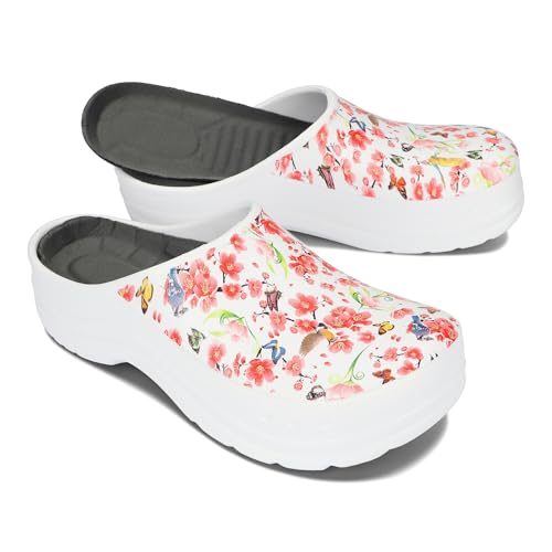 BeComfy Damen Herren Eva Clogs Bequeme Ultraleichte Gartenschuhe mit Moro- oder Blumendruck 36-46 EU (Weiß Blumen, EU Schuhgrößensystem, Erwachsene, Numerisch, M, 41) von BeComfy