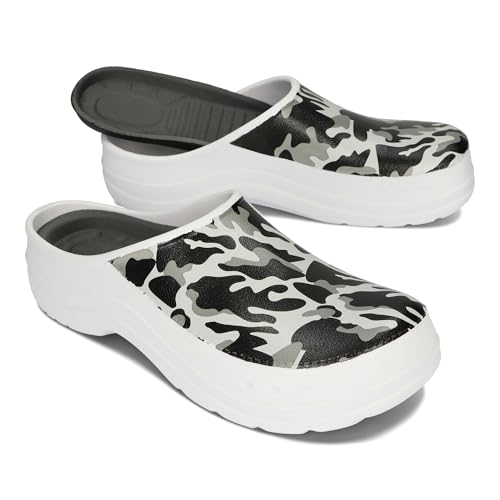 BeComfy Damen Herren Eva Clogs Bequeme Ultraleichte Gartenschuhe mit Moro- oder Blumendruck 36-46 EU (Weiß Tarnmuster, EU Schuhgrößensystem, Erwachsene, Numerisch, M, 45) von BeComfy