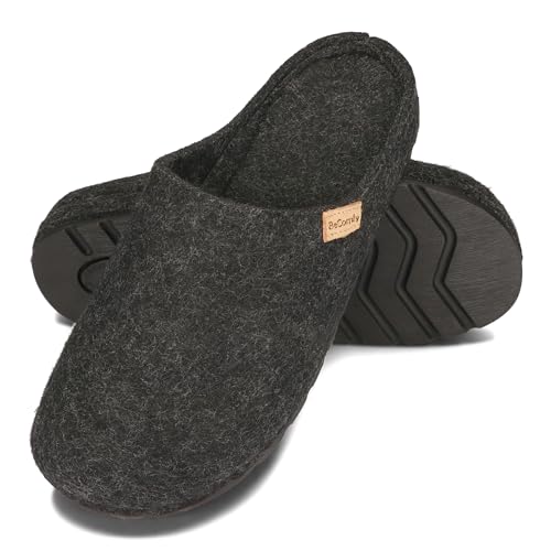 BeComfy Damen Herren Filz Hausshuhe mit Fußbett Unisex-Pantoffeln aus natürlichem Wollfilz Feste Sohle 36-46 EU (Schwarz, EU Schuhgrößensystem, Erwachsene, Numerisch, M, 36) von BeComfy