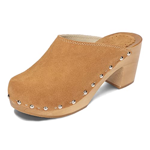 BeComfy Damen Holzclogs mit Absatz Wildleder Holzschuhe Hochhackige Clogs Echt Leder Pantoletten 35-41 EU (Beige, eu_Footwear_Size_System, Adult, Women, Numeric, medium, Numeric_38) von BeComfy