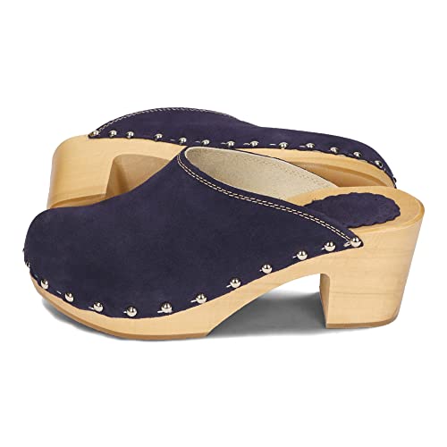 BeComfy Damen Holzclogs mit Absatz Wildleder Holzschuhe Hochhackige Clogs Echt Leder Pantoletten 35-41 EU (Marineblau, eu_Footwear_Size_System, Adult, Women, Numeric, medium, Numeric_36) von BeComfy