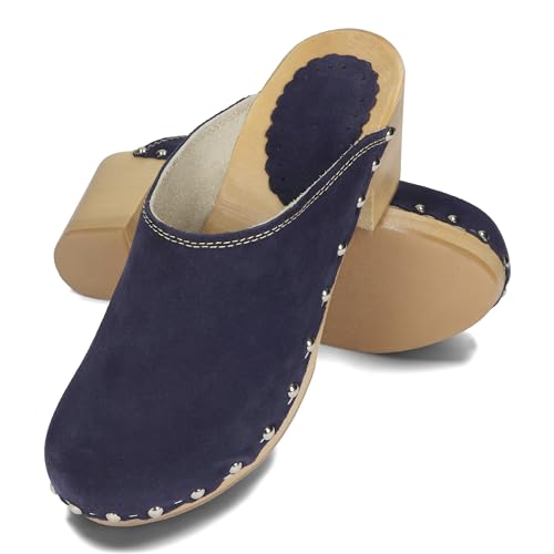 BeComfy Damen Holzclogs mit Absatz Wildleder Holzschuhe Hochhackige Clogs Echt Leder Pantoletten 35-41 EU (Marineblau, eu_Footwear_Size_System, Adult, Women, Numeric, medium, Numeric_38) von BeComfy