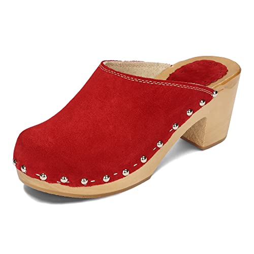 BeComfy Damen Holzclogs mit Absatz Wildleder Holzschuhe Hochhackige Clogs Echt Leder Pantoletten 35-41 EU (Rot, eu_Footwear_Size_System, Adult, Women, Numeric, medium, Numeric_40) von BeComfy