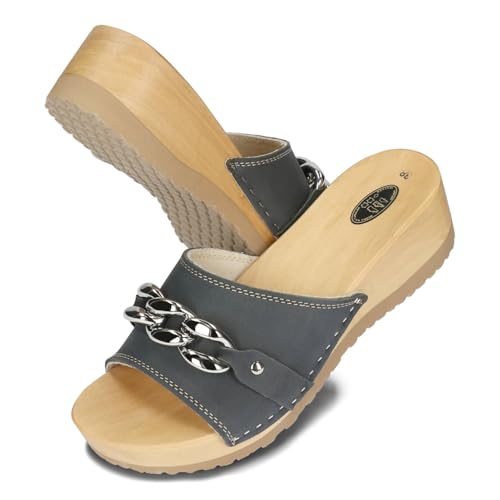 BeComfy Damen Holzclogs mit Kette Holzschuhe Offene Clogs aus Leder Gartenschuhe Hausschuhe Pantoletten 36-41 EU/Dunkelgrau, 39 von BeComfy