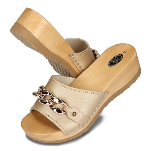 BeComfy Damen Holzclogs mit Kette Holzschuhe Offene Clogs aus Leder Gartenschuhe Hausschuhe Pantoletten 36-41 EU/Gold, 41 von BeComfy