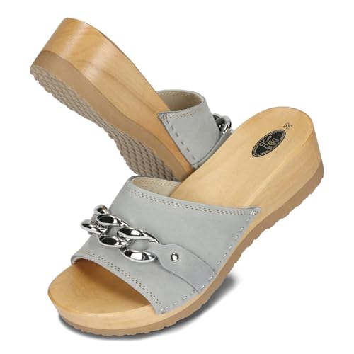 BeComfy Damen Holzclogs mit Kette Holzschuhe Offene Clogs aus Leder Gartenschuhe Hausschuhe Pantoletten 36-41 EU/Hellgrau, 39 von BeComfy
