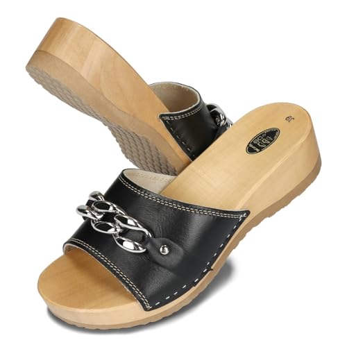 BeComfy Damen Holzclogs mit Kette Holzschuhe Offene Clogs aus Leder Gartenschuhe Hausschuhe Pantoletten 36-41 EU/Schwarz, 37 von BeComfy