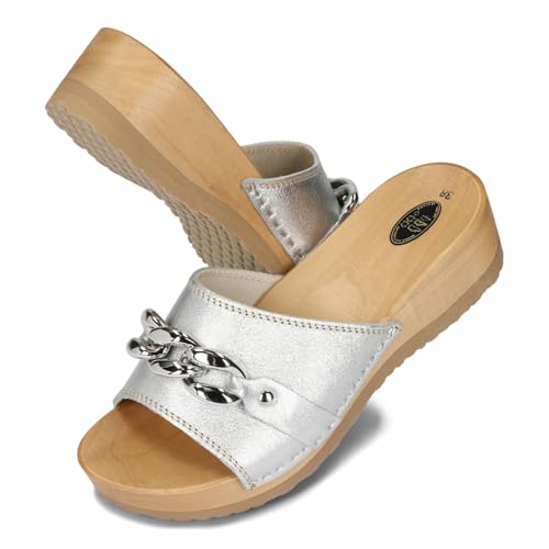 BeComfy Damen Holzclogs mit Kette Holzschuhe Offene Clogs aus Leder Gartenschuhe Hausschuhe Pantoletten 36-41 EU/Silber, 40 von BeComfy
